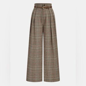 Brown Plaid Wide-Leg Pants